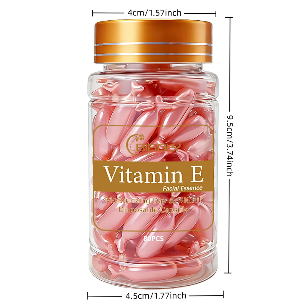 80 Capsules of Vitamin E Facial Essence, Day and Night Moisturizing, Deeply Hydrating, Leaving Skin Soft and Supple, Pink Capsule Packaging, Safe and Hygienic, Easy to Carry Vue