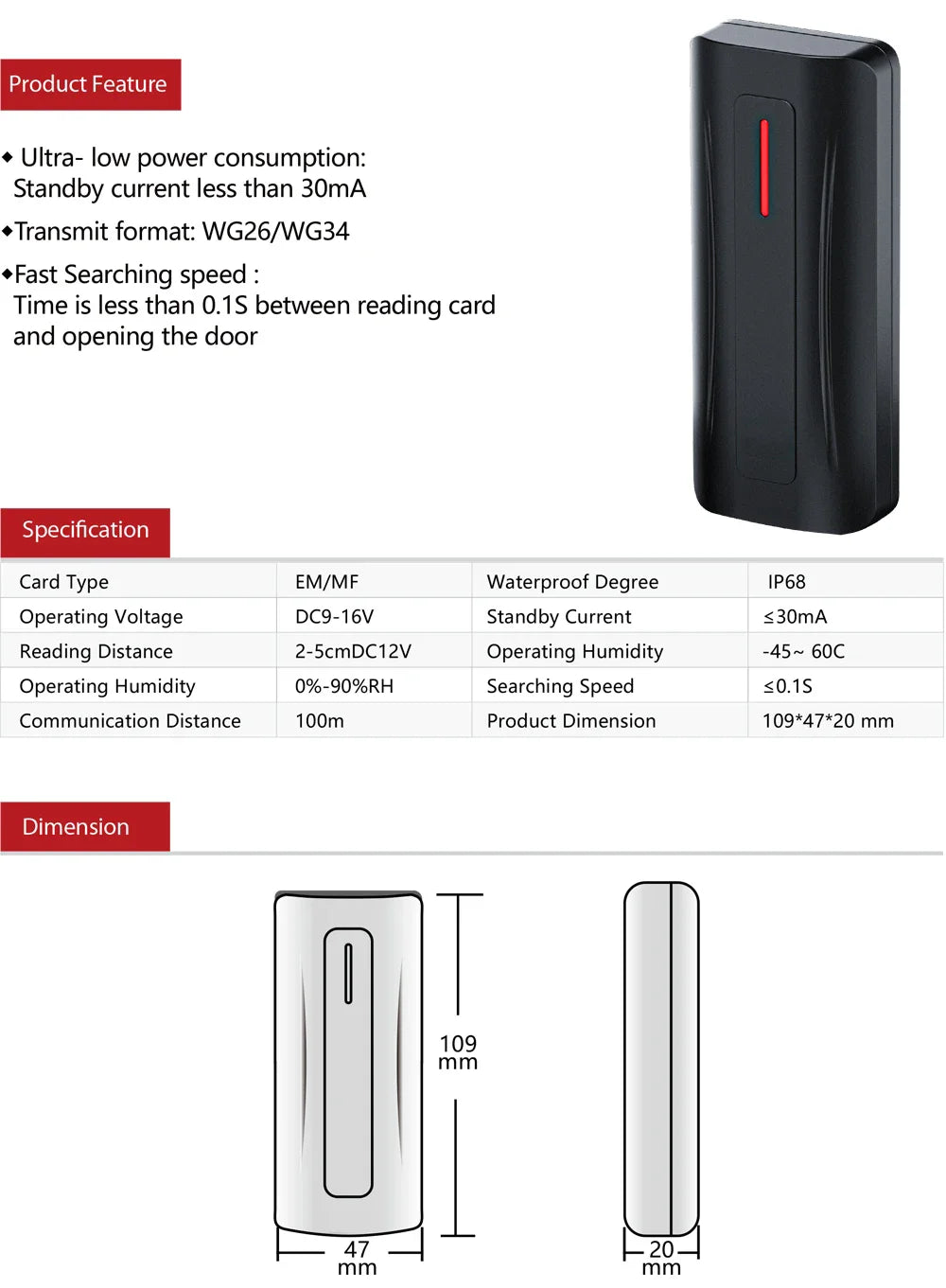 Wiegand Wg26 Wg34 IP68 Waterproof RFID IC Card Reader Proximity13.56Mhz IC for Access Control System Vue