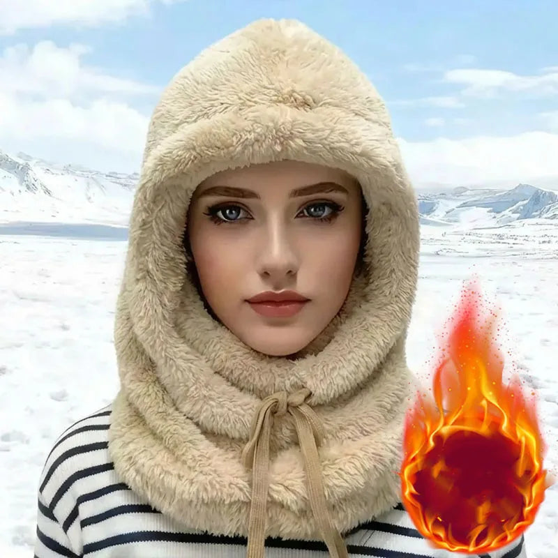 Winter Hat Plush Ear Protection Integrated Neck Warmer Thickened Windproof Face Mask for Women Skiing Cycling Outdoor Sports Vue