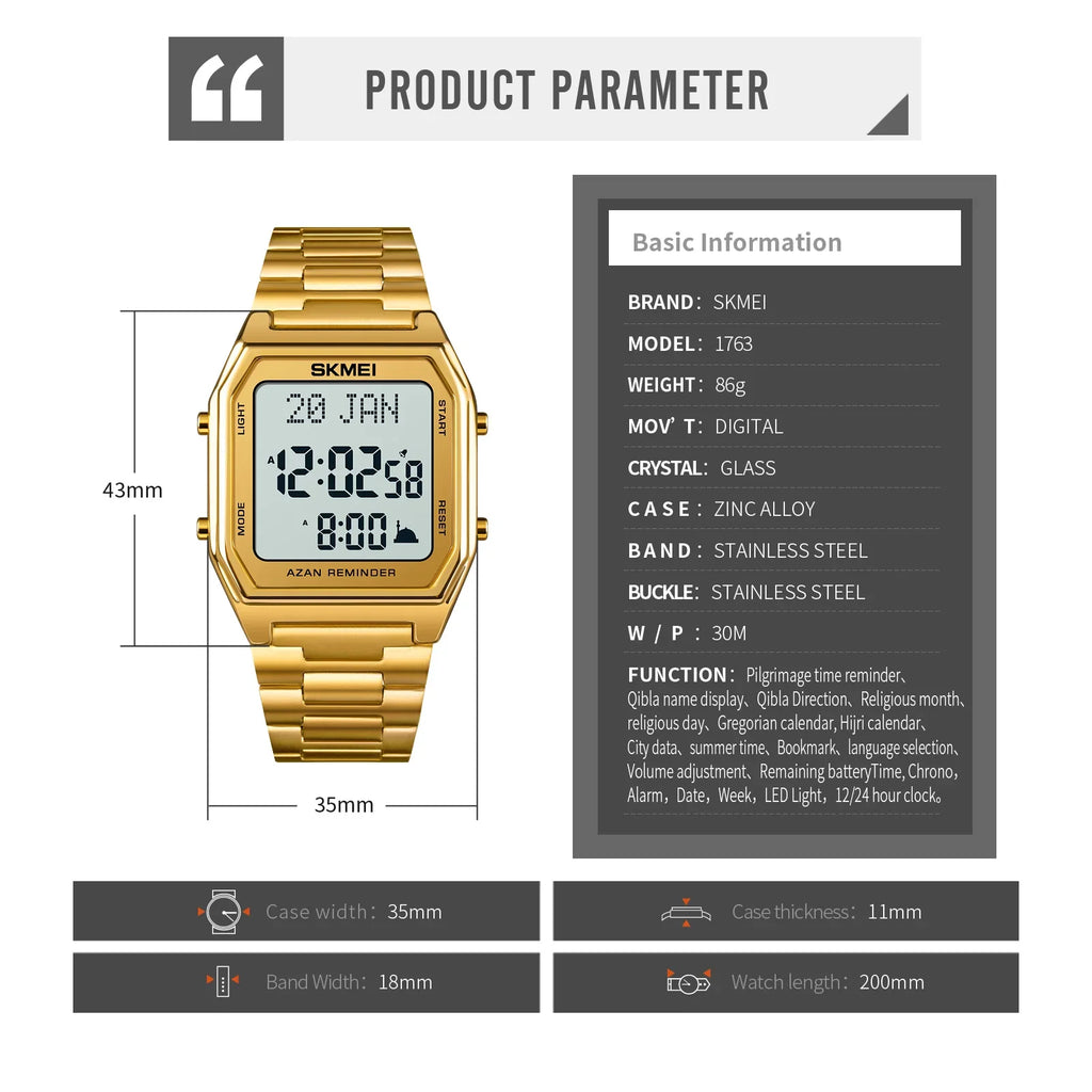 SKMEI 1763 Men's Digital Watch – Qibla & Hijri Calendar Digital Sport Watch Vue
