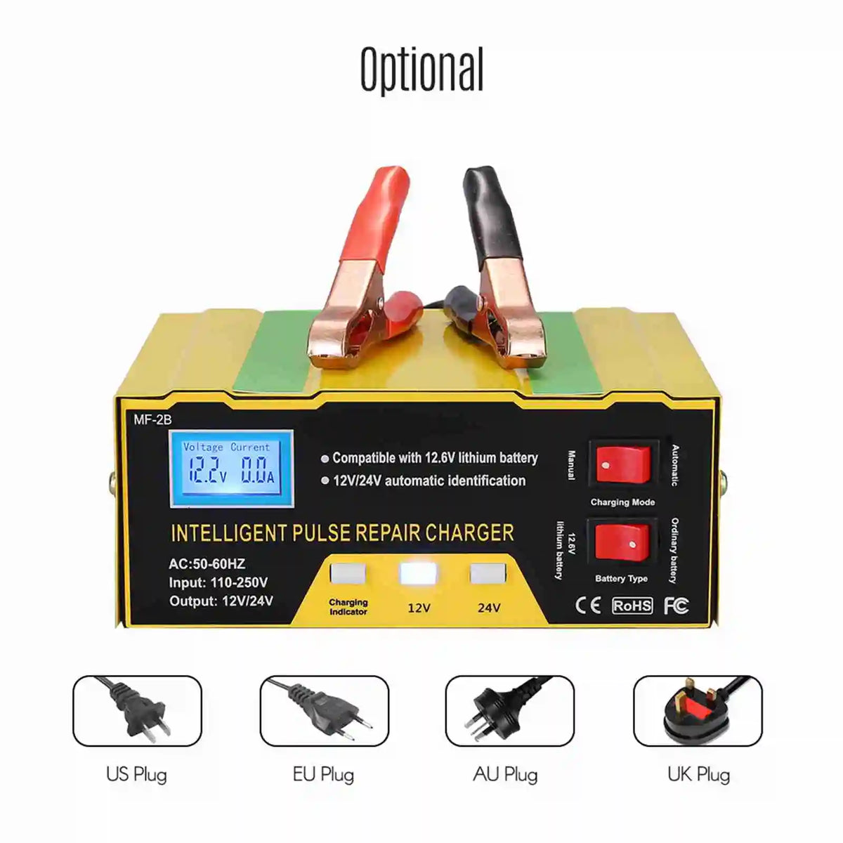 12V/24V Battery Charger Intelligent Pulse Repair Type Charger with Digital Display for Car Cell Motorcycle Battery US Plug Vue