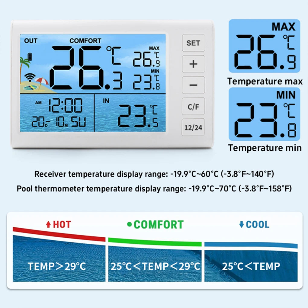 Intelligent Solar Powered Pool Thermometer With LED Digital Gauge 100 Meter Wireless Transmission green Vue