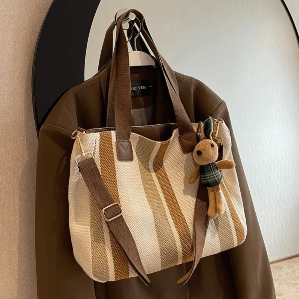 New Cloth Striped Tote Bag Detachable Strap Adjustable Shoulder Bag Dual Handles with Rabbit Pendant Handbag Office Vue Khaki