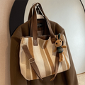 New Cloth Striped Tote Bag Detachable Strap Adjustable Shoulder Bag Dual Handles with Rabbit Pendant Handbag Office Vue Khaki
