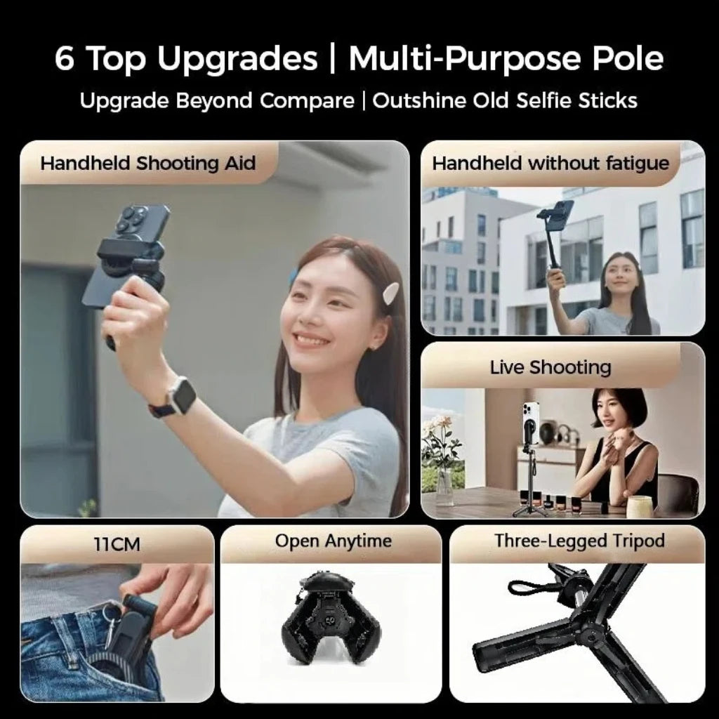4-in-1 Multifunctional Magnetic mini Selfie Stick with 360° Rotation Wireless Bluetooth Control Magnetic Phone Holder Vue