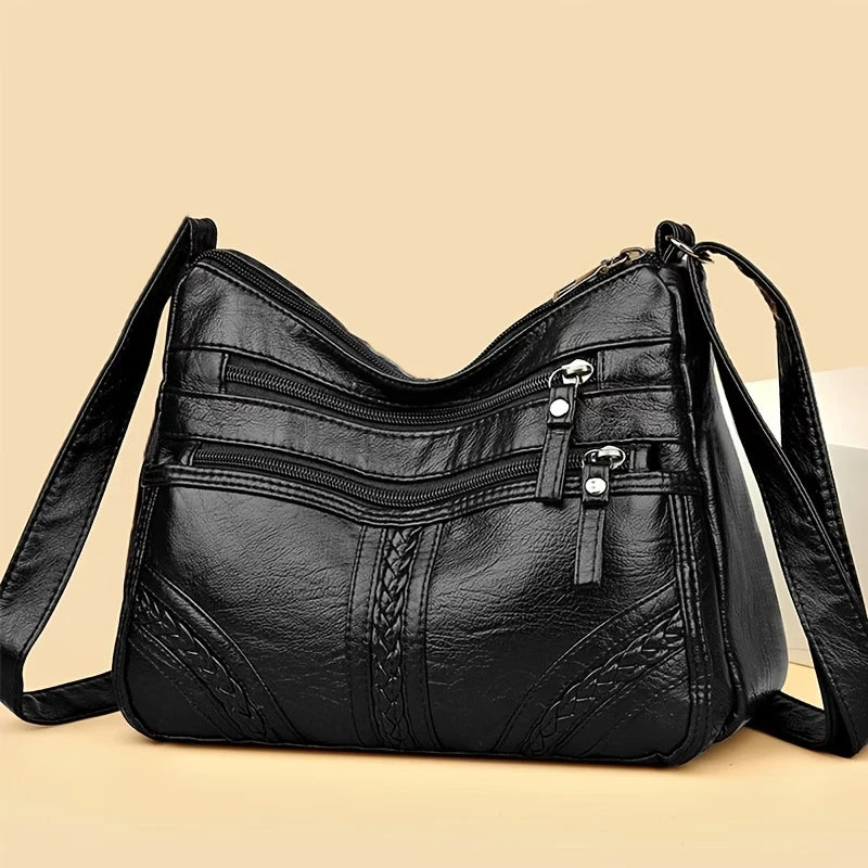 Stylish Leather Shoulder Bag Women Multi Pocket Crossbody Hobo Soft