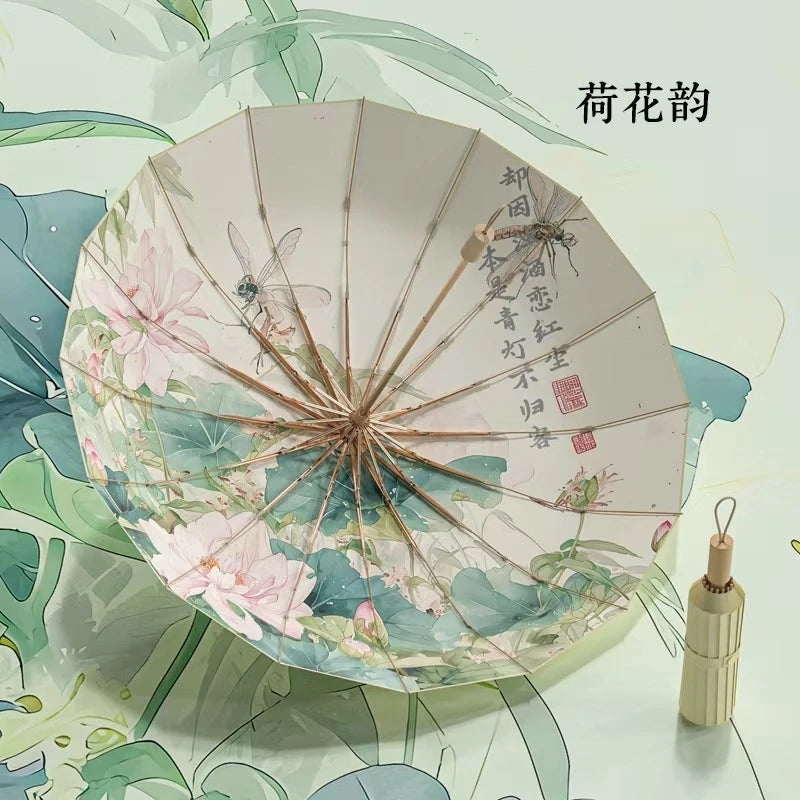 Sixteen Rib Gold Shaft Double Layer Floral Manual Folding Sun Umbrella UV Protection For Women Beach Travel Summer Wedding Gift Vue