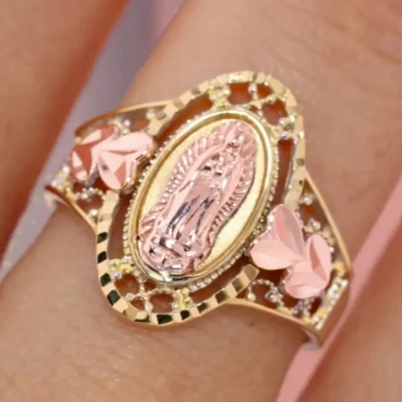 Our Lady of Guadalupe Ring – Pink Enamel Virgin Mary Statement Religious Statement Ring Vue