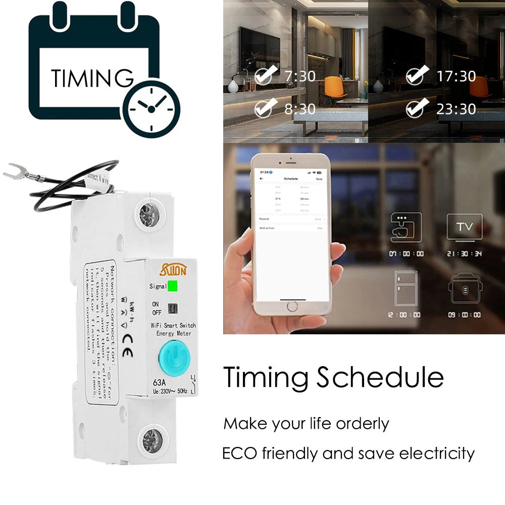 Ewelink 63A Single Phase WIFI Smart Energy Meter Kwh Metering Monitoring Smart Timer Switch Voice Control Relay for Smart Home Vue