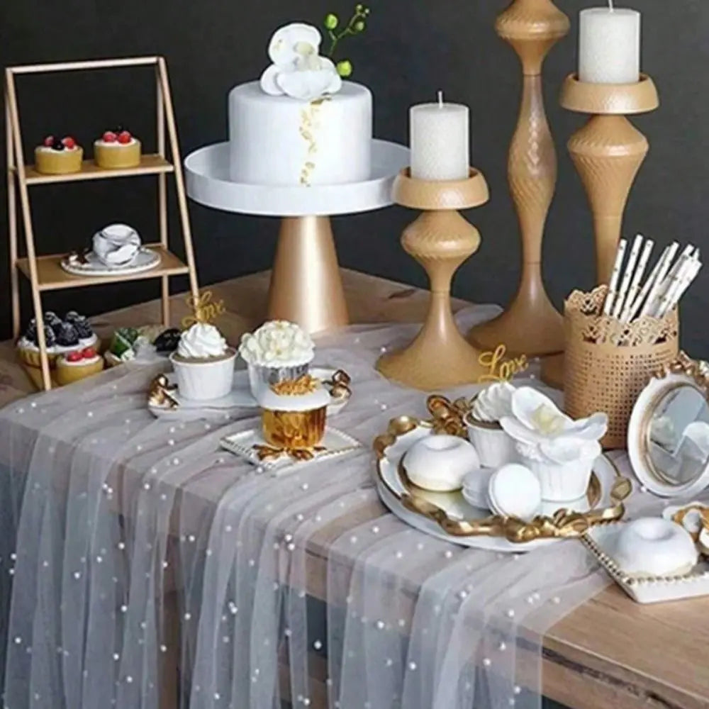 Mesh Fabric Pearl Table Runner Sheer White Tulle Wedding Table Runner Romantic Dreamy Luxury Bridal Veil Dessert Table Vue