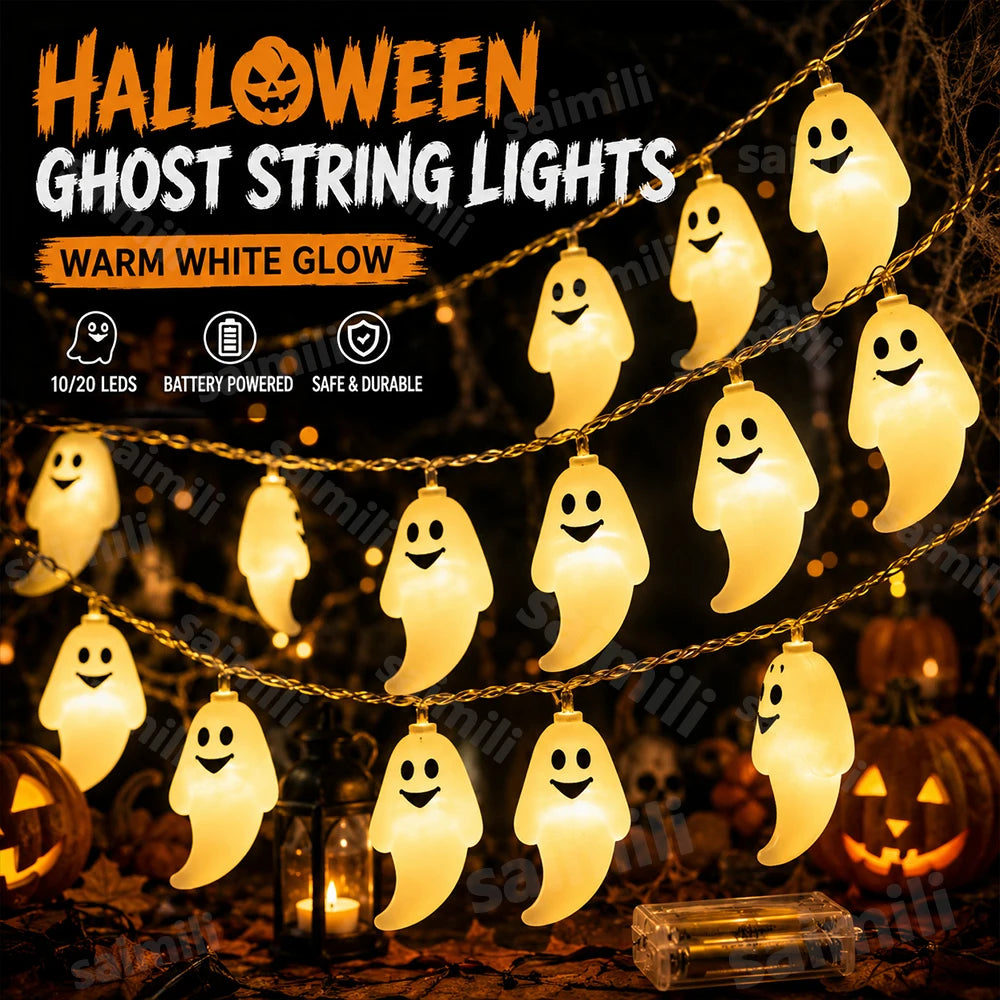 Halloween Ghost Shape LED Fairy Lights Battery Operated Spooky Glow String Horror Decor Prop For Home Holidays Party Decor Lamp Vue