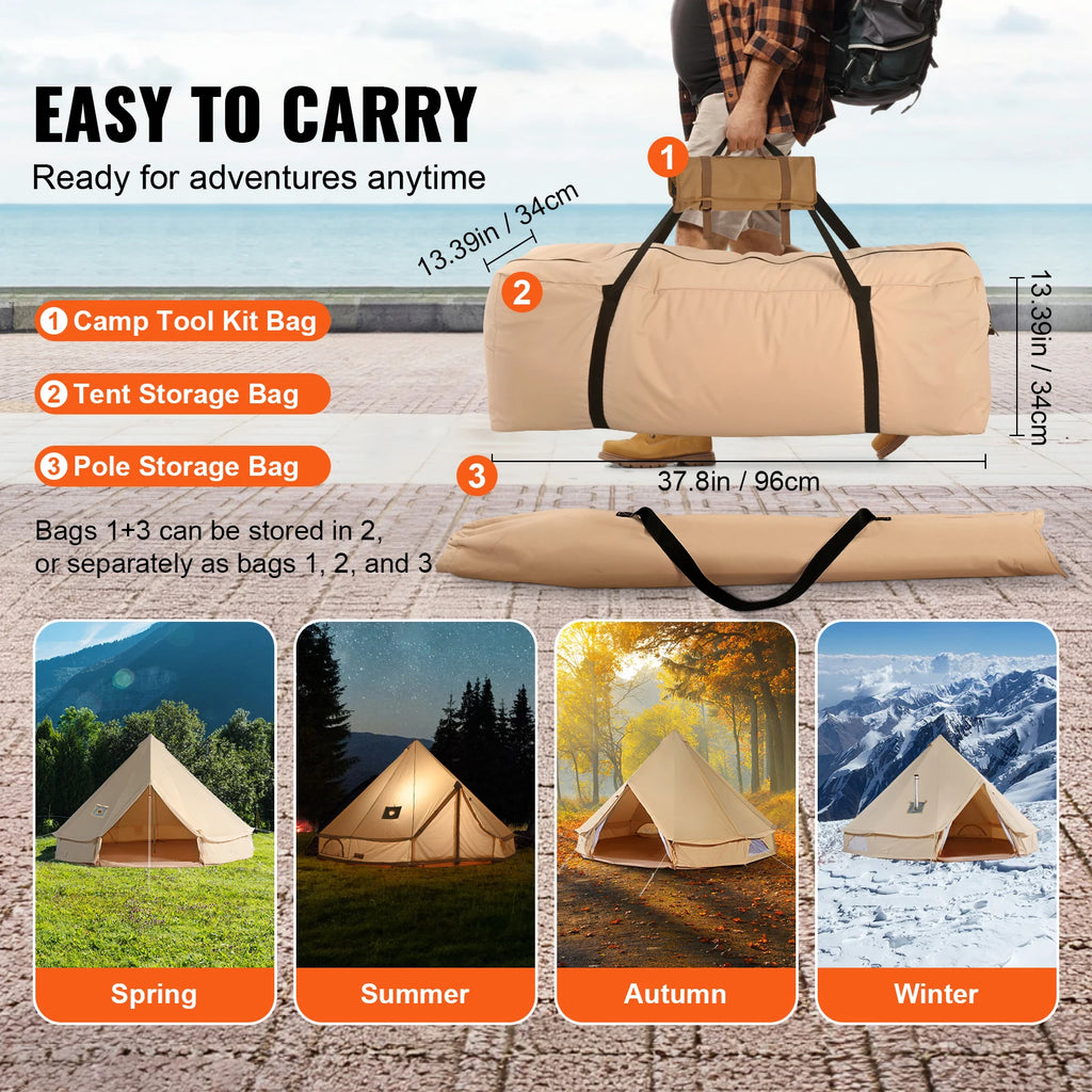 Canvas Bell Tent 4-Season Yurt 3–7m | Stove Jack | Sleeps 8 Canvas Bell Tent Vue