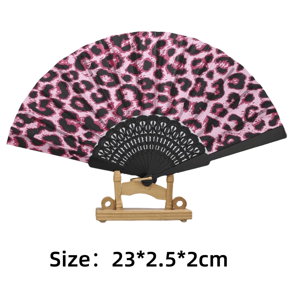 Fashion PP Folding Fan Leopard Print Black Pole Hand Fold Handheld
