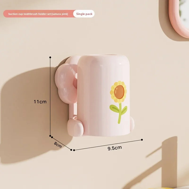 Suction cup Toothbrush Holder set, Bathroom Mouthwash cup, no Punching Toothbrush Holder Storage rack, Wash cup set Vue pink