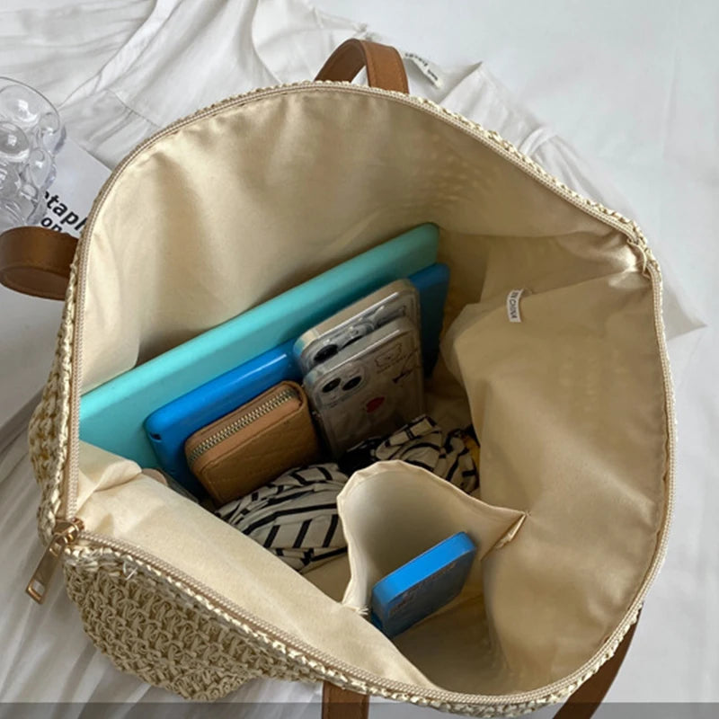 Square Bucket Straw Beach Bag Handmade Woven Shoulder Raffia Rattan
