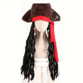 Masquerade Curly Hair Pirate Hat Stage Performance Synthetic Fibers Captain Cos Wig Role Play Black Long Cosplay Wig Halloween Vue as picture