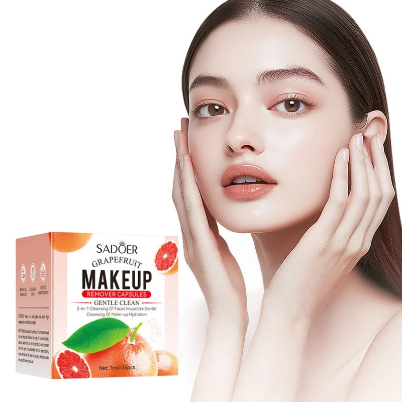 35Pcs Grapefruit Makeup Remover Capsules, Containing Grapefruit Extract, Mineral Oil, Glycerin and Other Skin-Friendly Ingredients, Are Compact and Portable, Gentle and Non-Irritating, Easily Remove Heavy Makeup and Cleanse t Vue