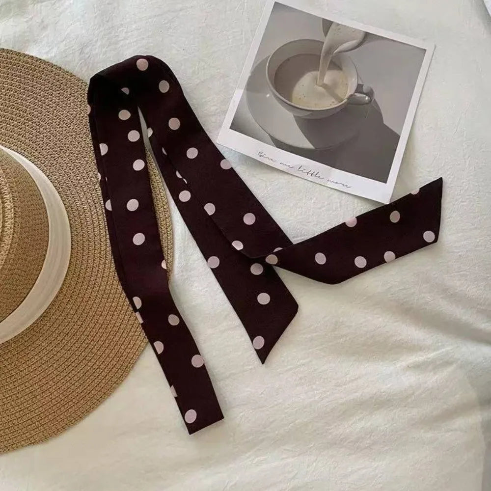 Vintage Polka Dot Long Narrow Scarf Striped Print Grid Chiffon Neck
