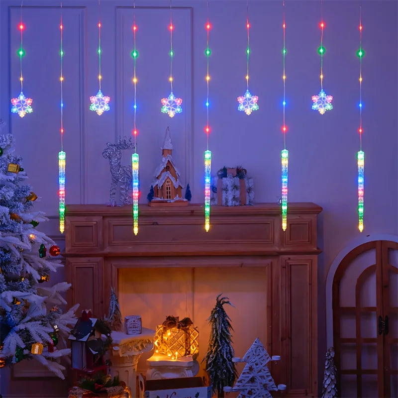 LED Christmas Icicle Snowflake Curtain Lights Indoor & Outdoor, USB Supply + Remote Control, 8 Light Modes, Easy Plug-and-Play Vue