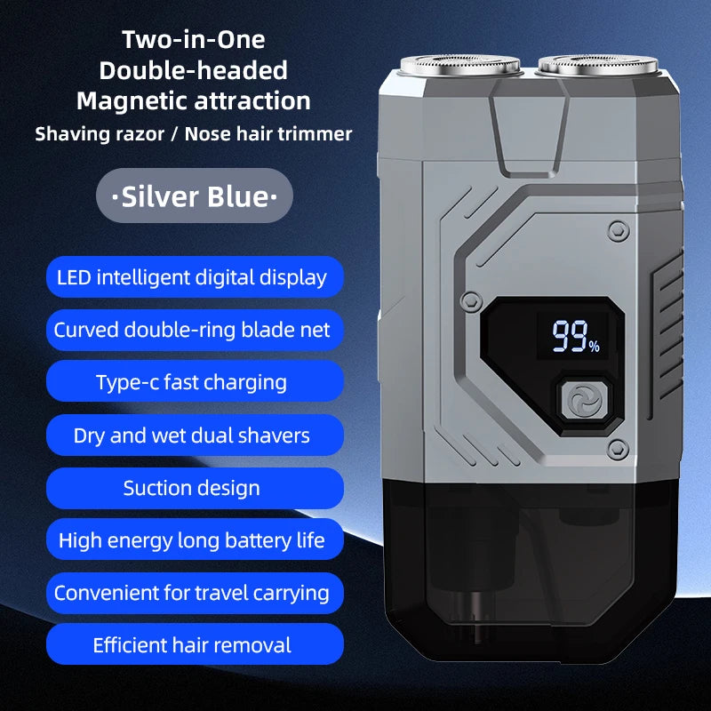 Magnetic Double Blade Electric Shaver for Men Mecha Punk Style Rechargeable LCD Vue Sliver