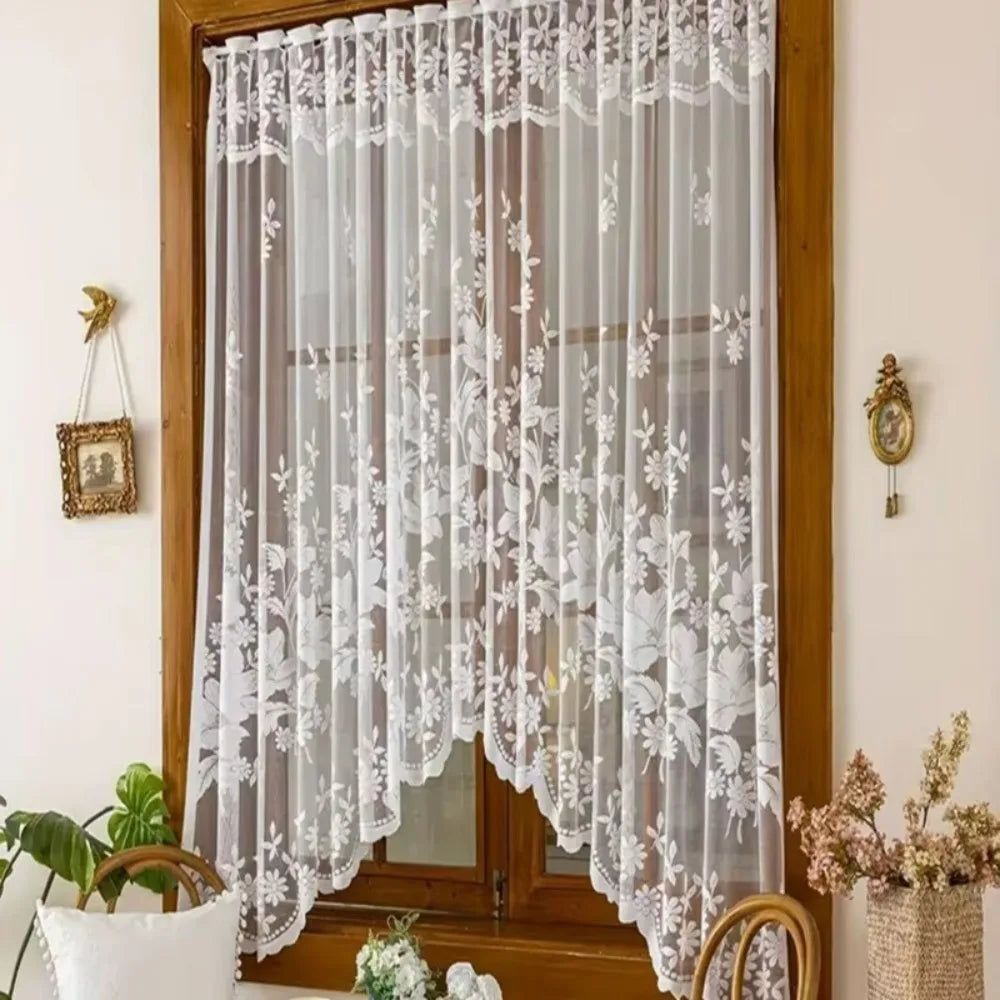 Flower Pattern French Lace Jacquard Curtain Translucent Through-rod Design Kitchen Partition Tulle No Drilling Required Vue