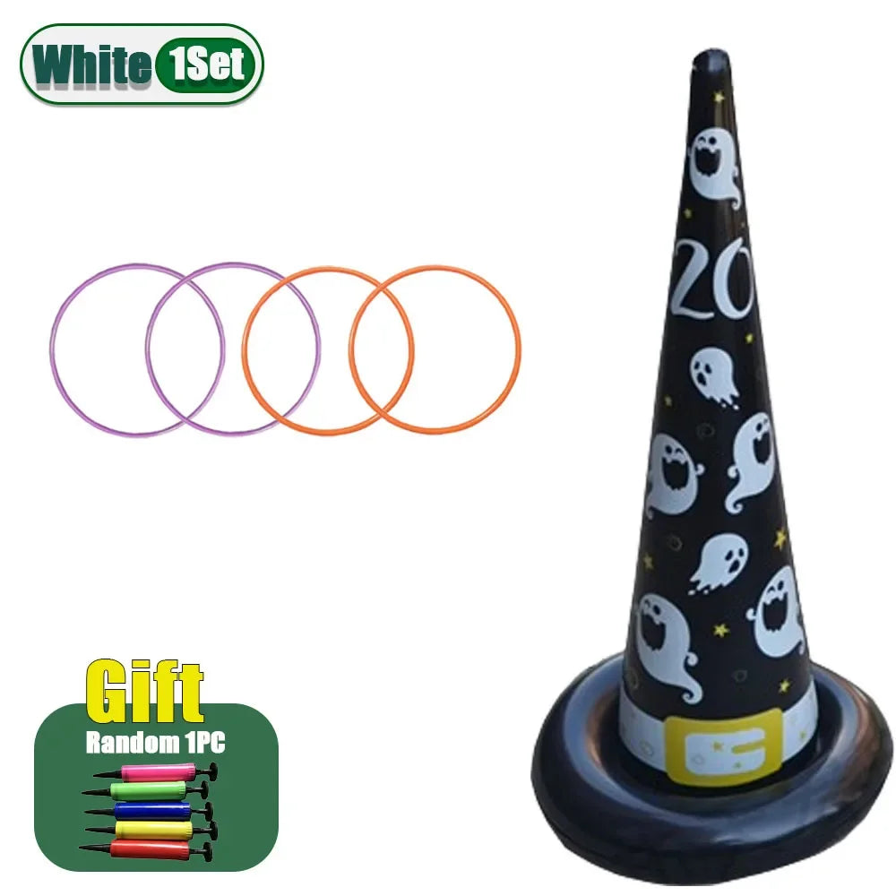1-10Sets Halloween Inflatable Cone Toss Ring Game PVC Witch Hat Target for Carnival Party Adults Outdoor Interactive Fun Vue White 1Set