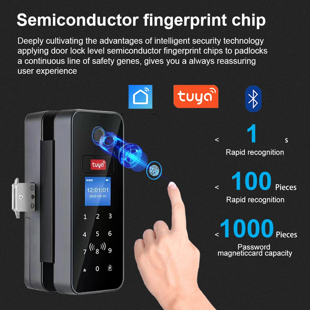 Double Hook Smart Glass Door Lock Glass Sliding Door Tuya App Biometric Fingerprint Lock Bluetooth IC Card Electronic Digital Vue