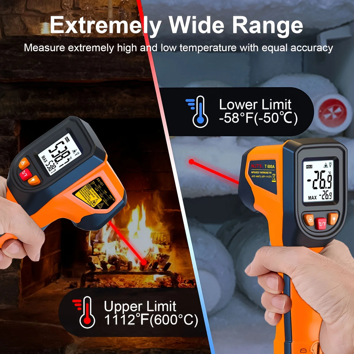 NJTY T600T600A Laser Temperature Gun Infrared Thermometer Sensor Handheld Non-contact IR LCD Industrial Pyrometer Digital 600 °C Vue