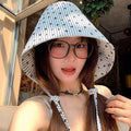Bucket Hat Wide Brim Floral Pastoral French Striped Lace Up Sun Protection for Outdoor Summer Events Vue White