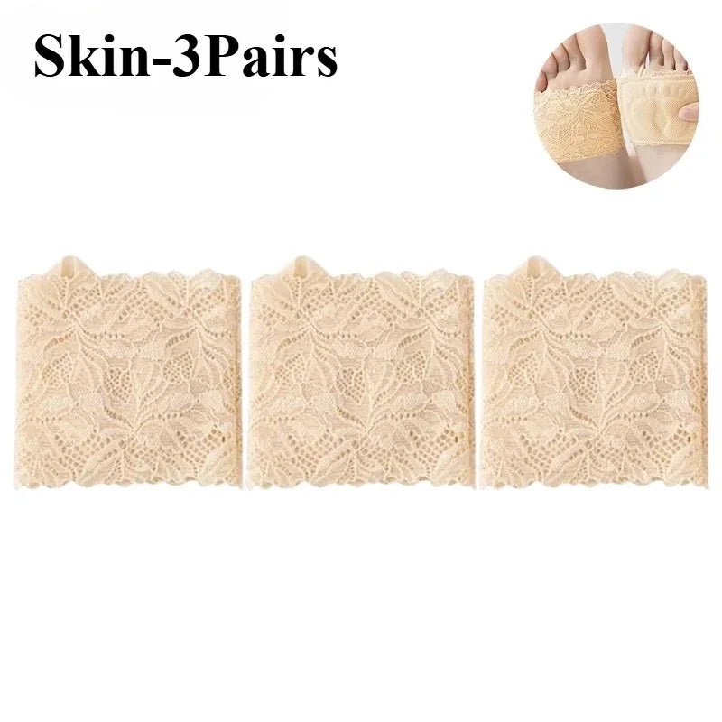 1-10Pairs Women Half Toe Socks Lace Trim No Show Anti Slip for High Heels Pumps Flats Breathable Thin Invisible Summer Vue Skin-3Pairs One Size