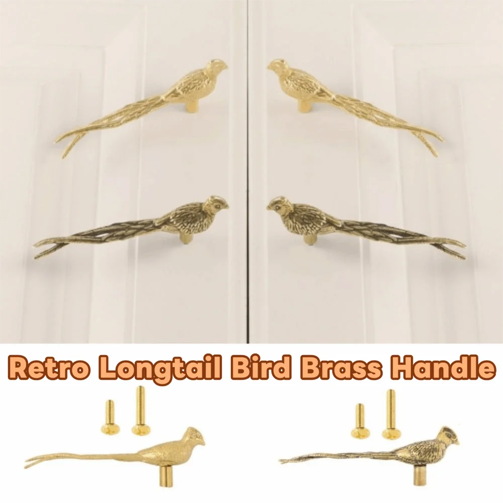 Retro Longtail Bird Brass Handle Vintage Furniture Hardware Cabinet Door Knobs Push-pull Gold Wardrobe Drawer Pulls Furniture Vue