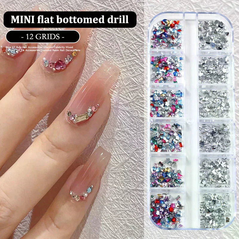 12 Grids/Box Nail Art Multi Shape Flat Back Crystal Rhinestone Dazzling Diamonds Strass Manicure Tip 3d Decoration Vue