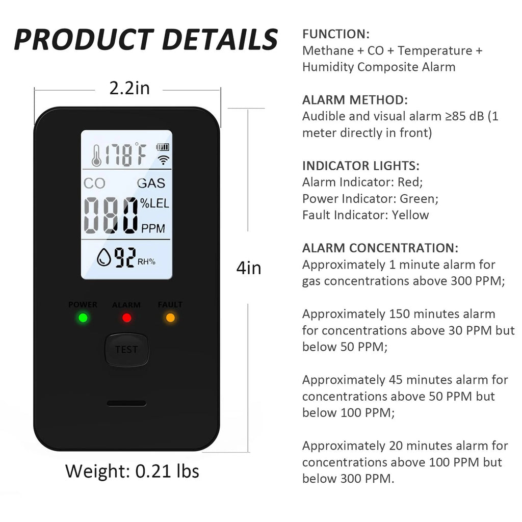 4-in-1 Gas & CO Detector with LCD, Temp & Humidity Display Gas & CO Detector Vue