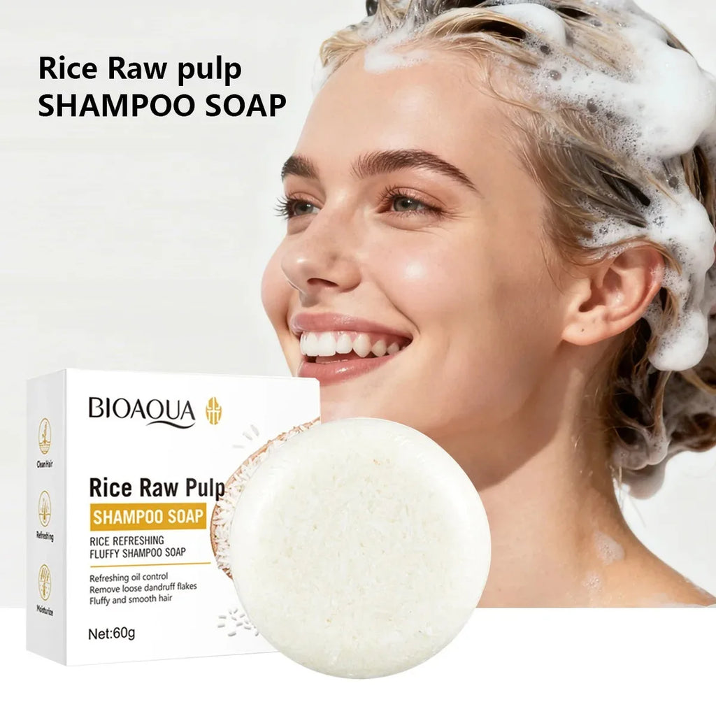 Rice Puree Essence Fluffy Solid Shampoo Bar, Deep Cleaning, Mild Nourishing Hair Care Soap Vue 60g