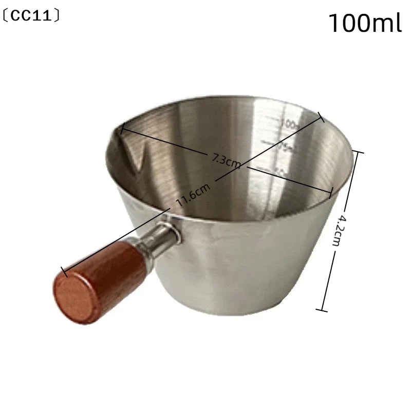 Stainless Steel Measuring Cup Wooden Handle Coffee Milk Pitcher Scale