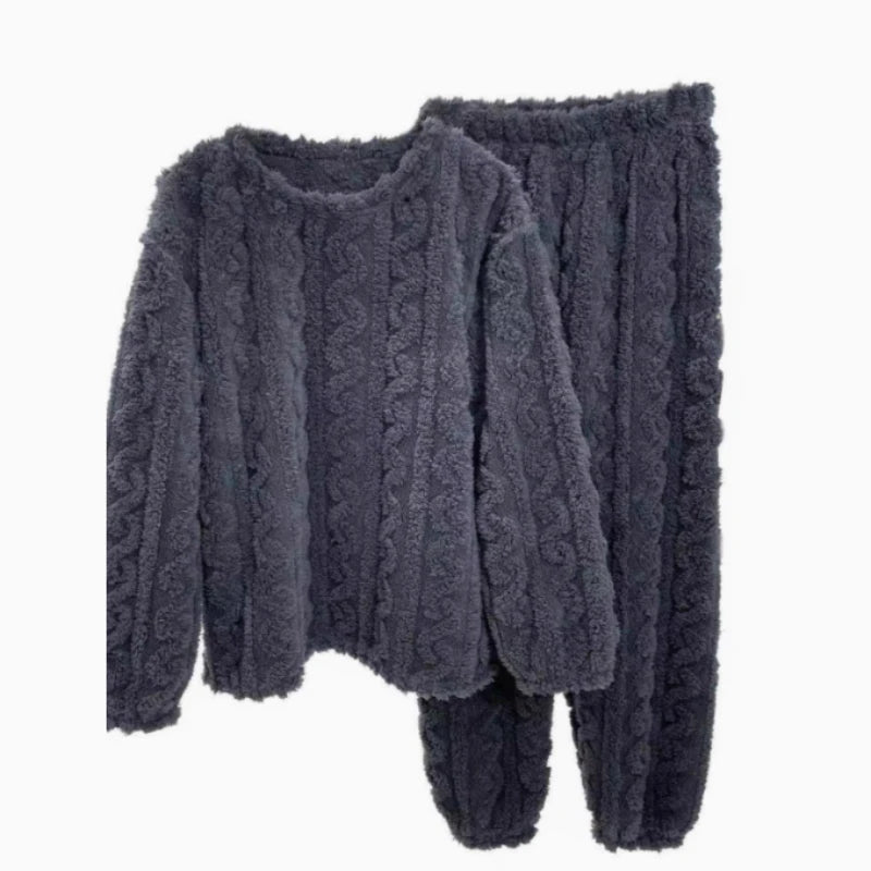 Womens Winter Coral Fleece Lounge Set Solid Color Jacquard Knit Pajama Suit Long Sleeve Top and Pants Warm Sleepwear Vue
