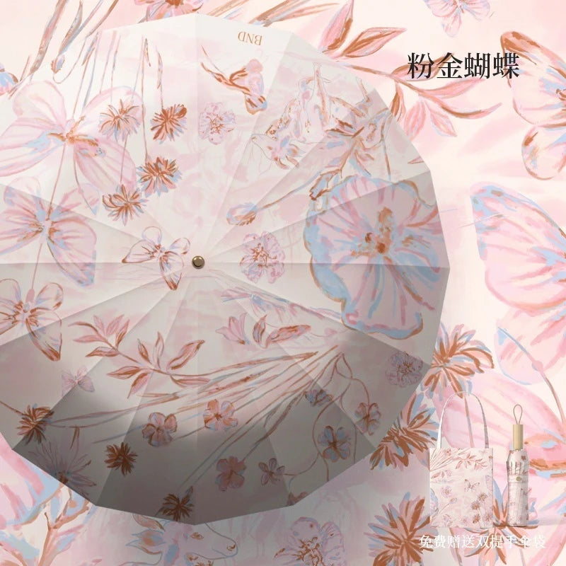 Sixteen Rib Gold Shaft Double Layer Floral Manual Folding Sun Umbrella UV Protection For Women Beach Travel Summer Wedding Gift Vue