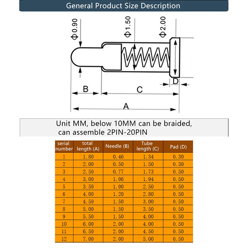 10Pcs 2.0/3/3.5/4/4.5/5/5.5/6.5/7MM SMT Pogo Pin Connector Pogopin Battery Spring Loaded Contact Needle PCB Test Probe Vue
