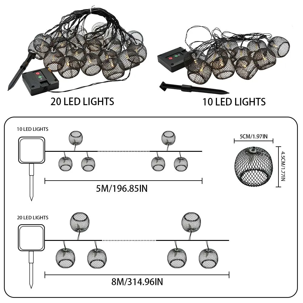 1PC 5M10LED/8M20LED Solar Powered Metal Mesh Globe String Lights Waterproof LED Outdoor Patio Garden Backyard Bistro Decor Vue