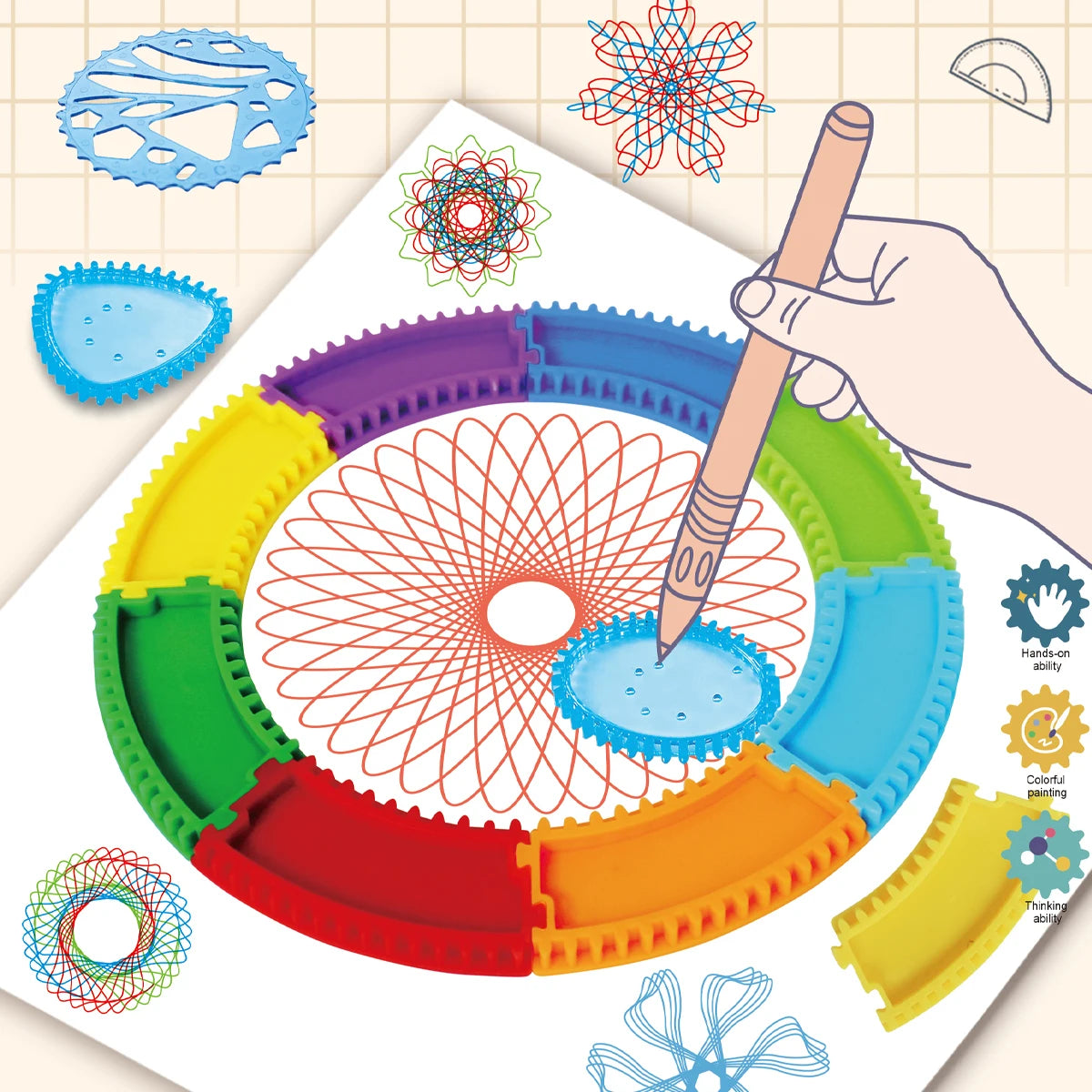 Spirograph Spiral Art Drawing Kit for kids, Fun Shapes Drawing Art Set Classic Gear Design Toys Drawing Rulers with book Vue
