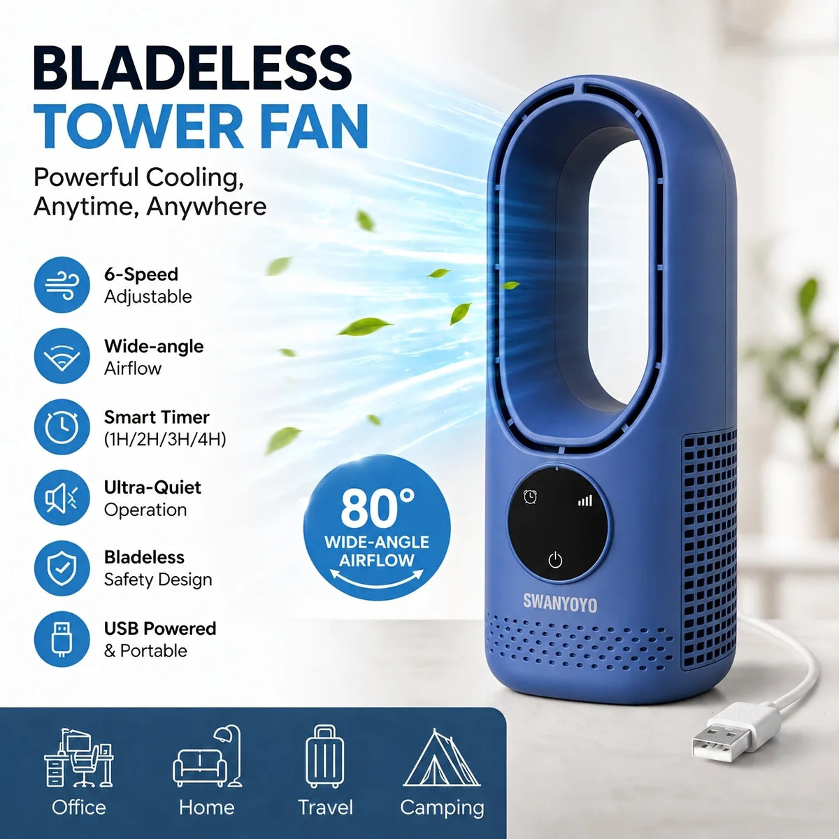 3-in-1 USB Tower Fan Bladeless Desktop Air Cooler Remote Control Vue