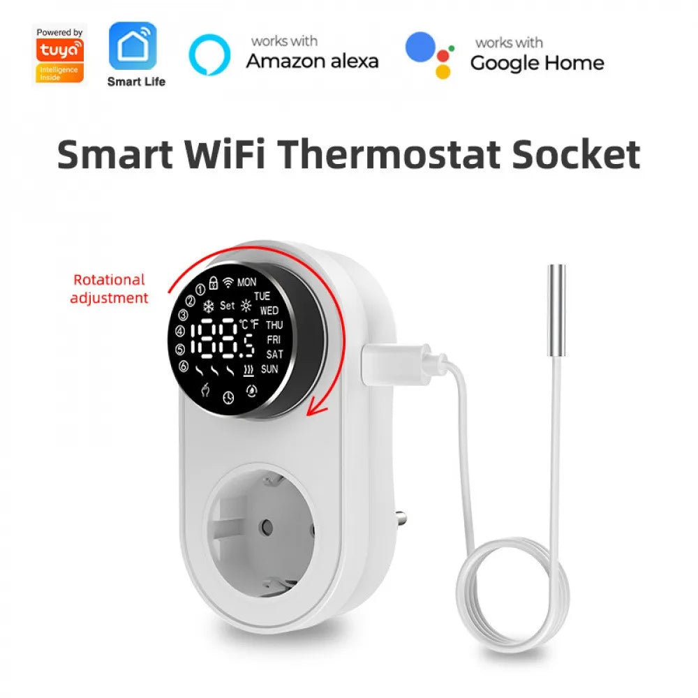 Tuya Smart WiFi LED Thermostat Socket 16A Plug-in Thermostat Socket Knob-type Temperature Controller Voice Control with Alexa Vue