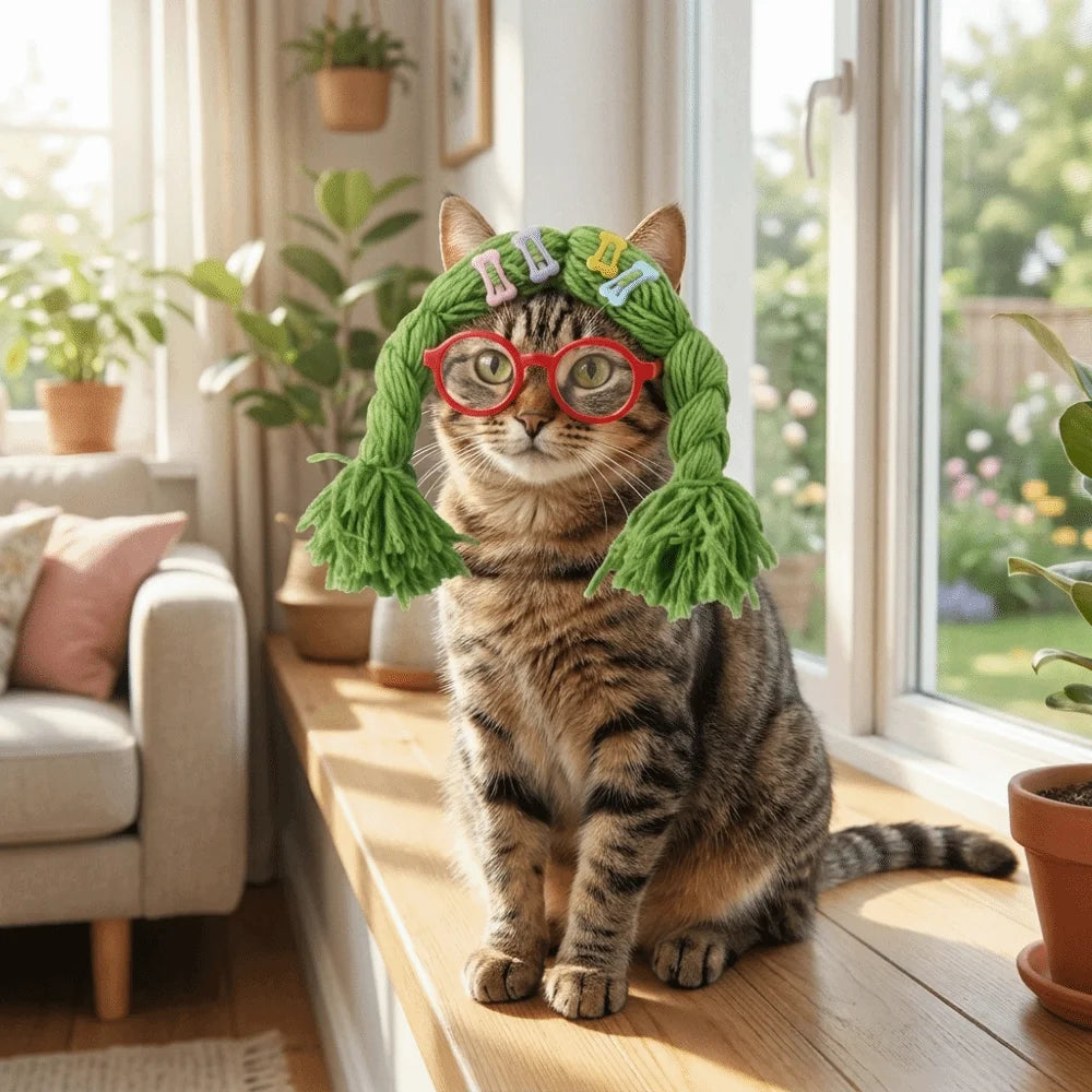 Pet Head Cover Funny Cat Double Braided Wig Knitted Colorful Pet Decoration Wig with Glasses Cat Cosplay Headwear Photo Props Vue