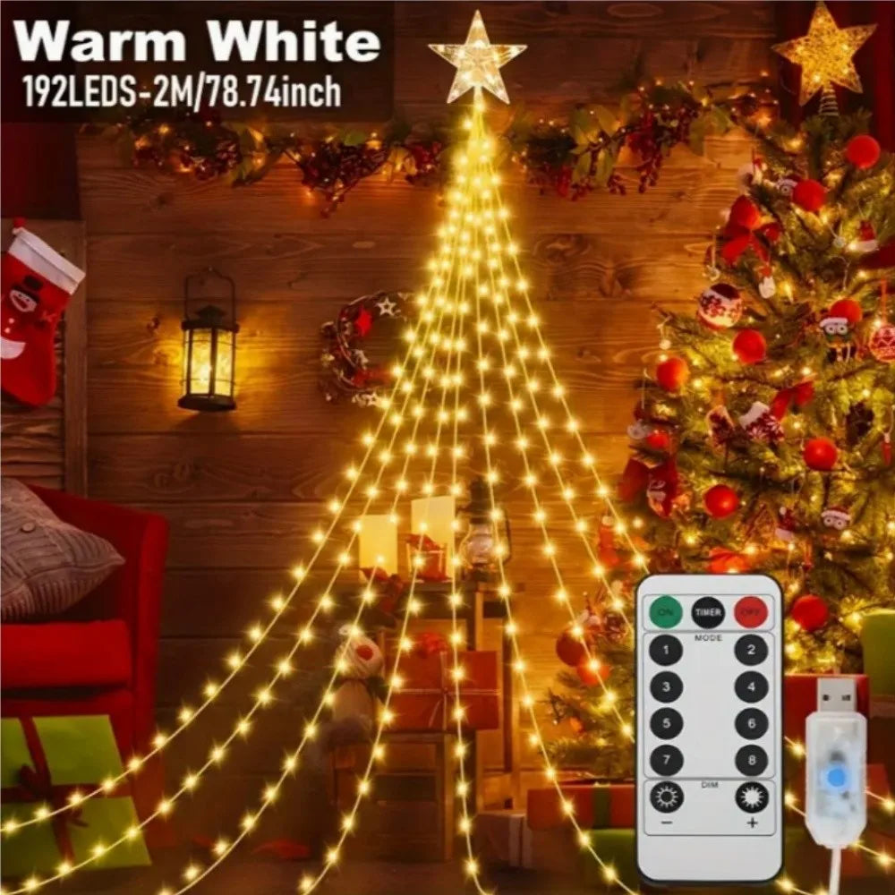 1PC 2M/3M Christmas USB Star Waterfall Light with 8-mode remote control,used for party and holiday decoration ﻿ Vue