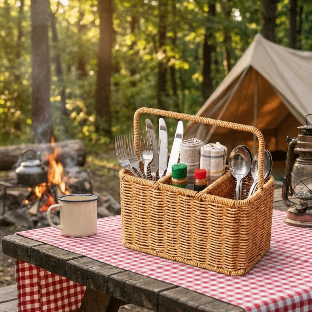Large Capacity Utensil Storage Basket Portable with Handle Silverware Holder Rustic Divided Storage Basket Outdoor Camping Vue
