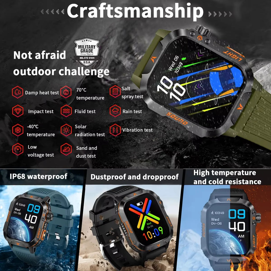 Smart Watch 2026 2.01 Screen Outdoor Flashlight Compass IP68 Waterproof Wireless Calling 600mAh 100+Sport Mode for Men Women Vue