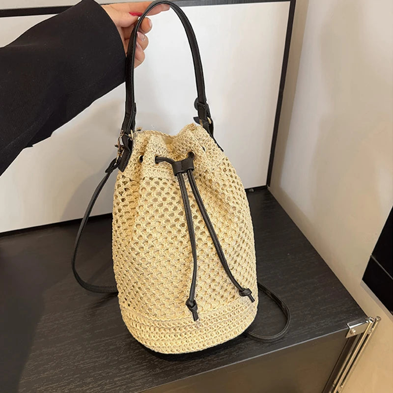Ins Woven Straw Bucket Bag Women Summer Beach Crossbody Ladies Retro