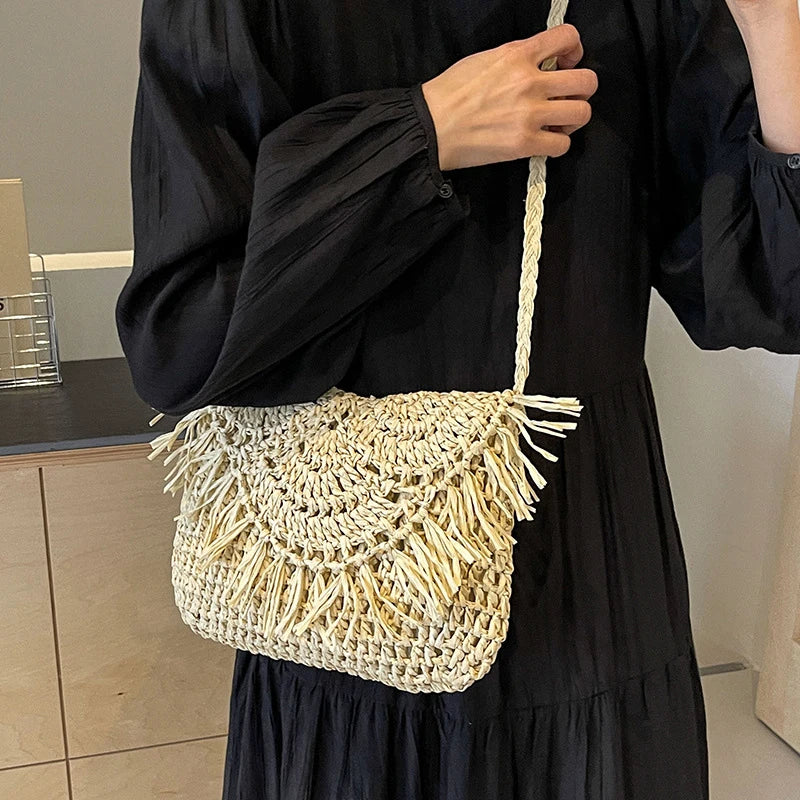 Summer Beach Women Tassels Straw Rattan Weave Shoulder Crossbody Bag