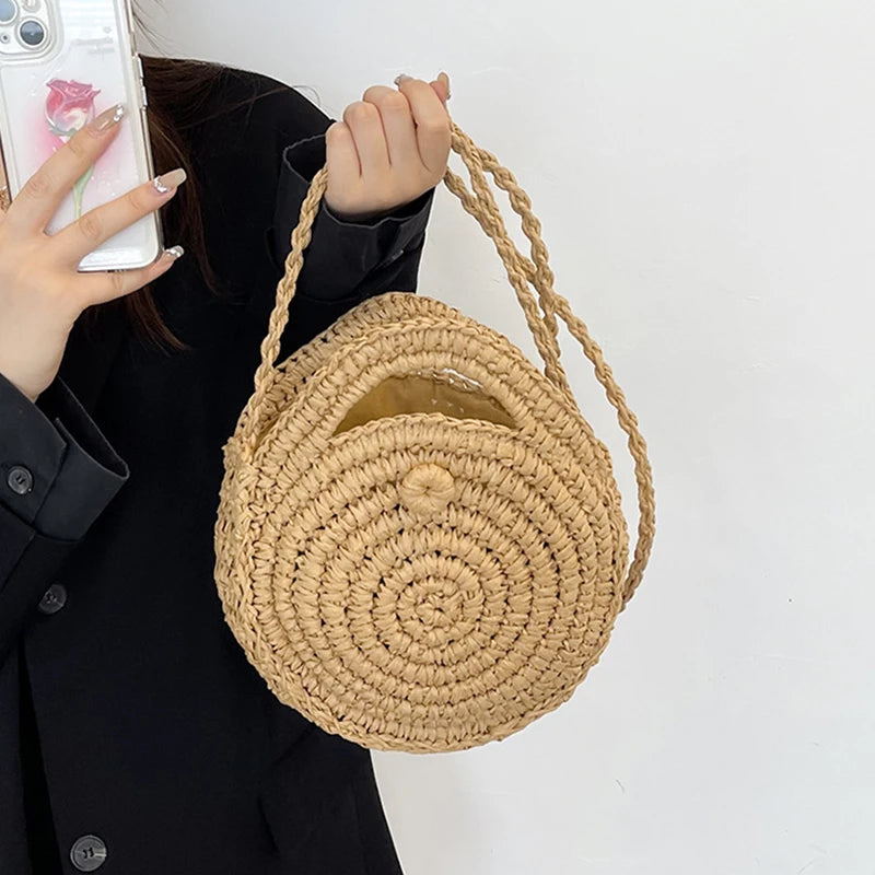 Round Straw Crossbody Bag Handmade Woven Shoulder Women Summer Beach