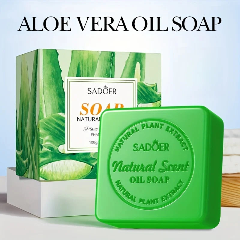 100g Sadoer Aloe Vera Essential Oil Soap, Gentle Cleansing, Moisturizing and Nourishing, Rich in Aloe Vera Essence, Quickly Removes Dirt and Oil, Leaving Skin Delicate and Smooth, Cleansing Face and Body Soap Vue